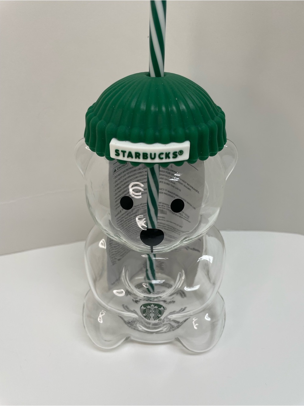 Starbucks Clear Bear Cup with Dark Green Beanie Lid and Striped Straw